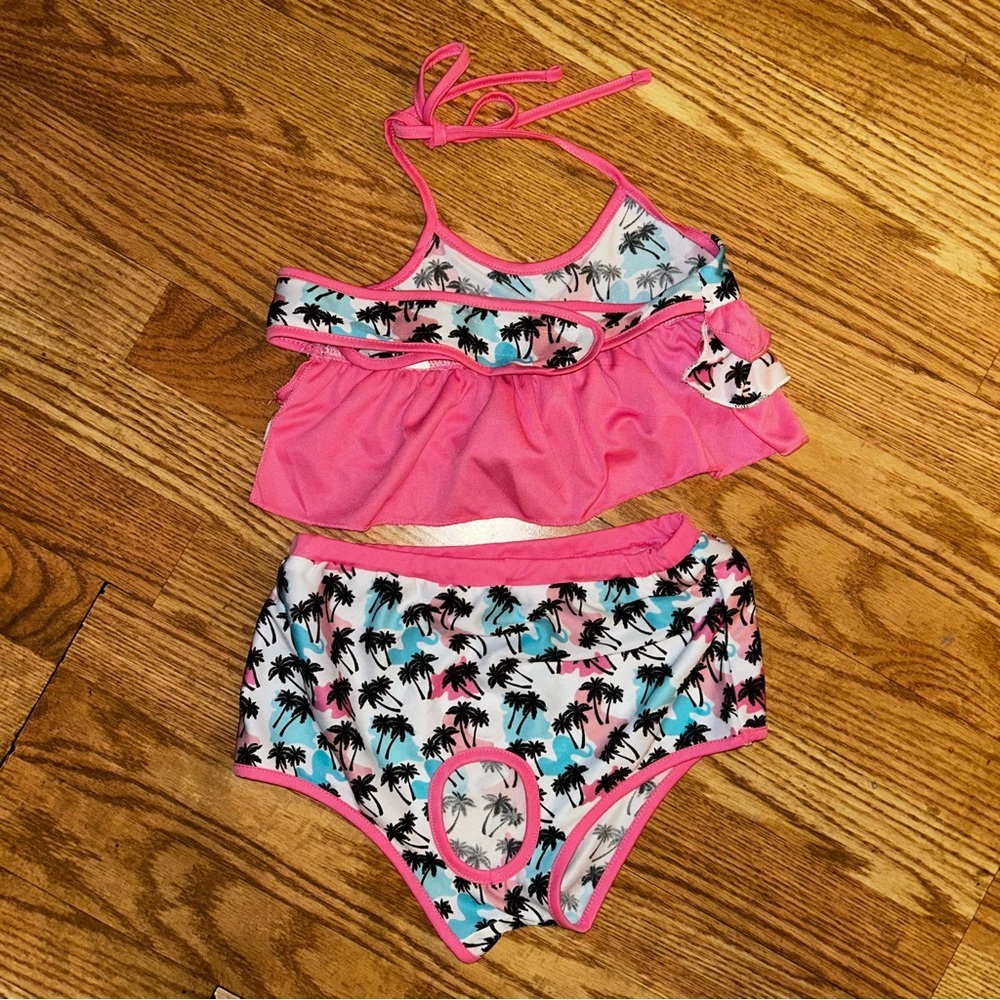 Dog 2 Piece Bikini Pink White & Black With Palm Tree Print Size Large
